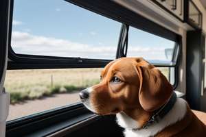 En hund som tittar ut från en fönster i en husbil.